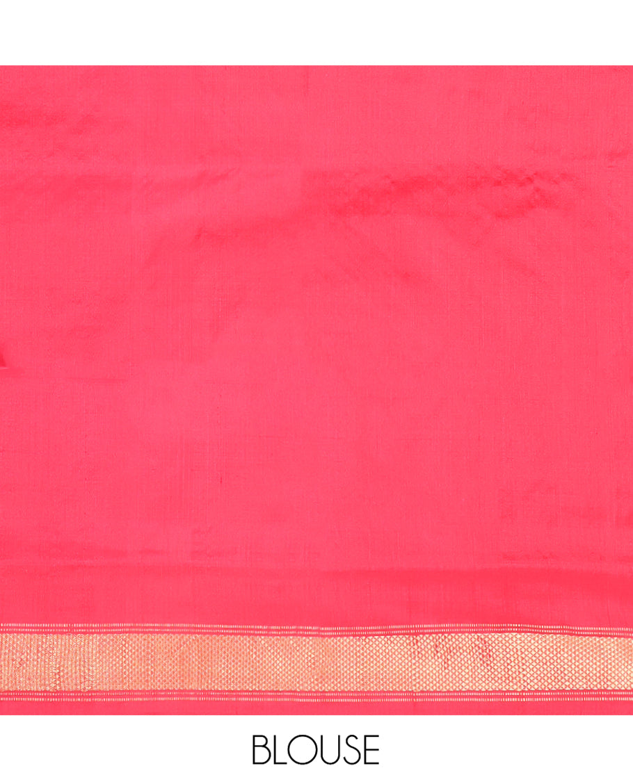 Green Ikkat Silk Saree, Enriched with Ikkat Floral Designs All Over Its Body, Complemented by a Contrast Temple Border of Diamond Zari Designs, Pallu of Floral Ikkat Designs, and Paired with a Contrast Blouse
