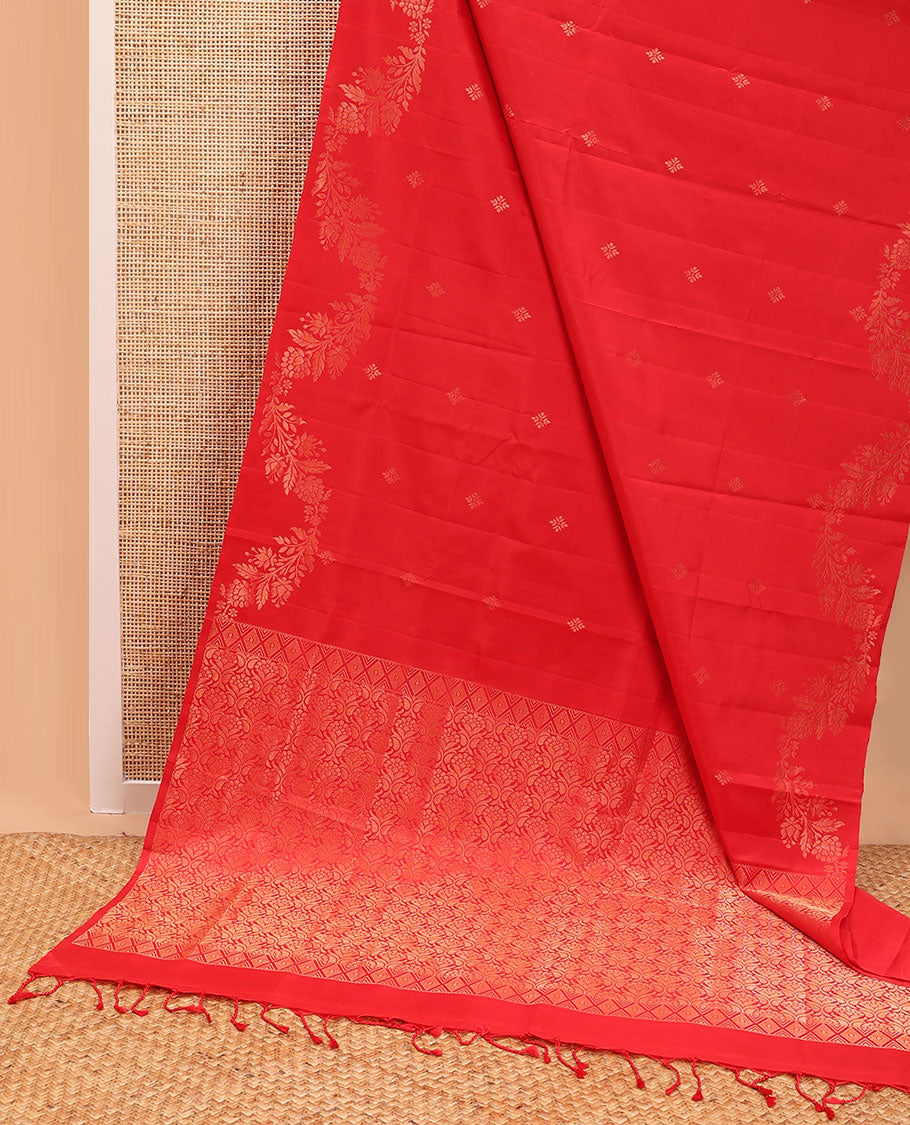 Red floral motifs mayuri soft silk saree with self zari design border & floral jaal design pallu