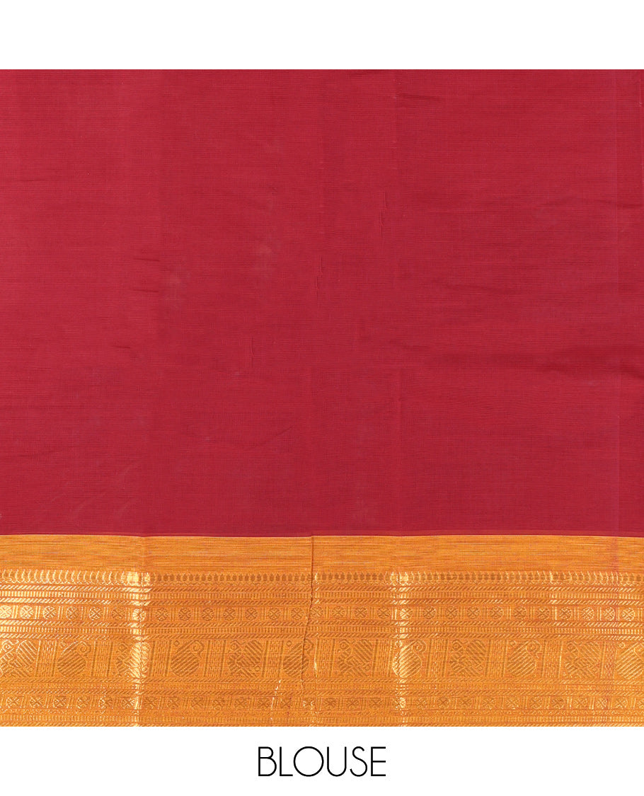 Red Plain Chettinad Cotton Saree, Complemented by a Contrast Traditional Zari Design Woven Ganga-Jamuna Border, Pallu of Stripes, and Paired with a Matching Blouse