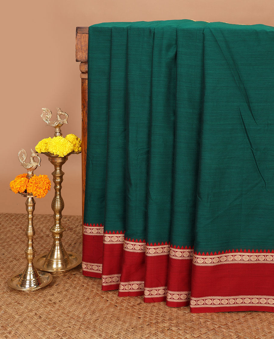 Bottle green mercerised cotton saree with ganga jamuna, rettai pettu thread border & seer pallu along with running blouse