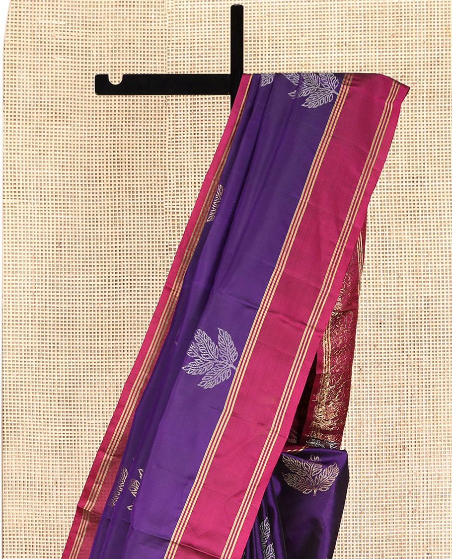 Violet Mayuri Lite Silk Mix Saree, Enriched with Leaf Buttas, Complemented by a Contrast Striped Border, Pallu of Jaal Designs, and a Contrast Blouse