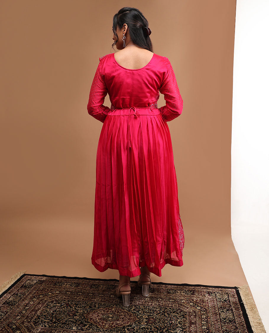 Red floral embroidery round neck, sleeveless , floor lenght with embroidered dupatta & embroidered belt
