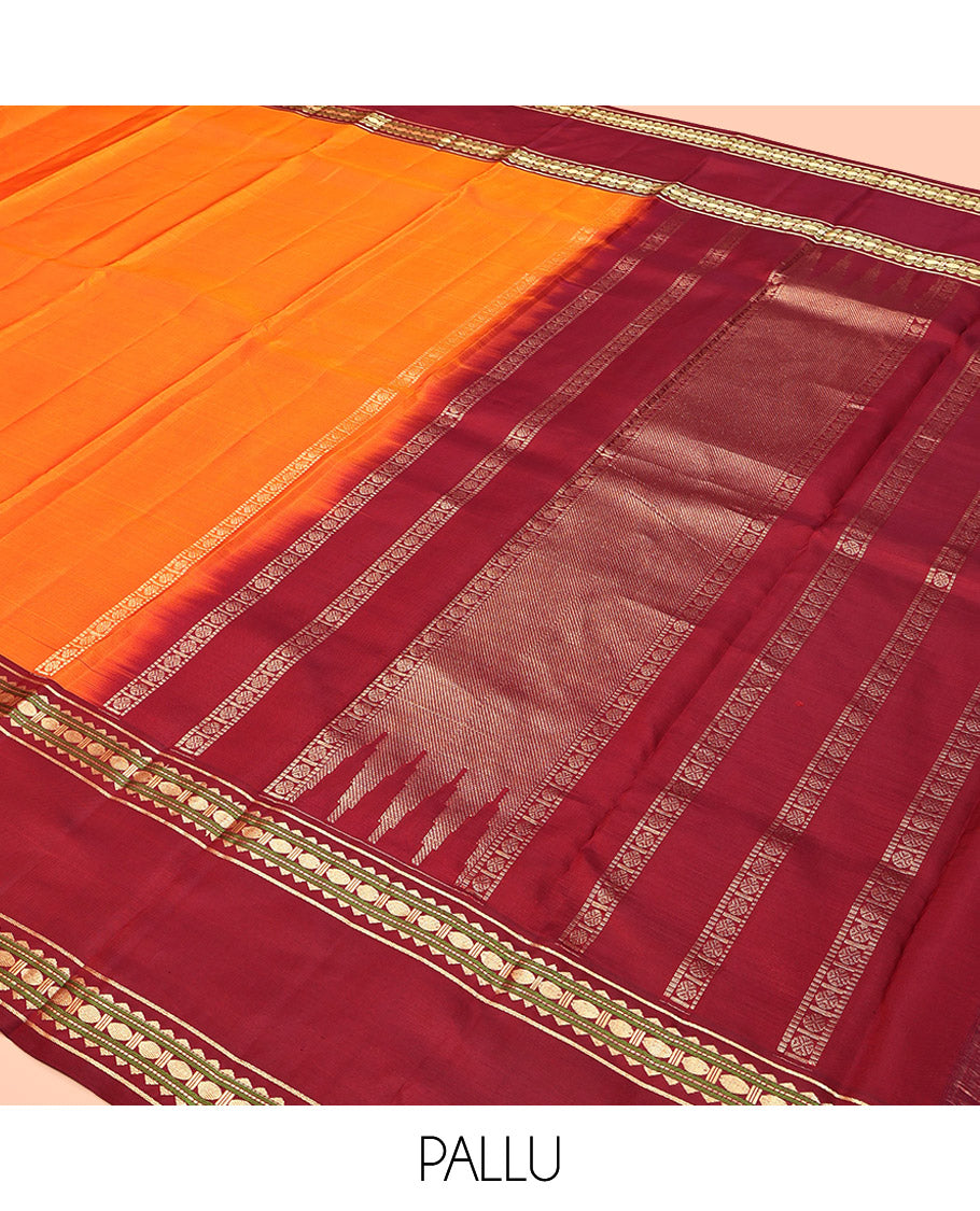 Orange Plain Kanchipuram Silk Saree, Complemented by a Contrast Rettai Pettu Border of Rekku, Muthu, and Poun Designs, Seppu Rekku Pallu, and a Contrast Blouse