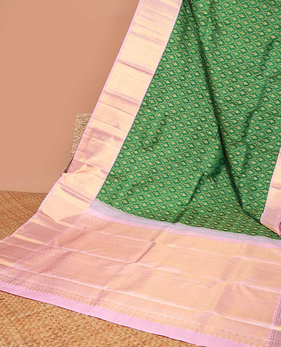 Green jacquard samudrika silk saree with contrast checked design border & intricate zari design pallu