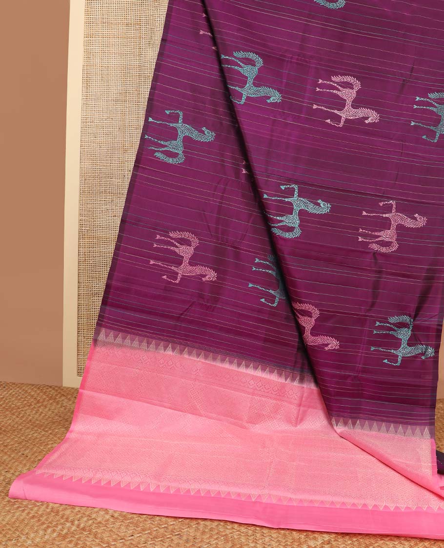 Violet striped, horse design kancheepuram silk sareee with geometric design pallu