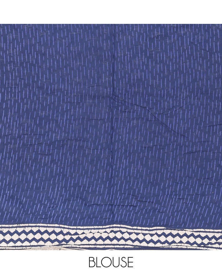Blue Mul Mul Cotton Saree, Accentuated with Floral Buttas, a Piping Border, Geometric Printed Pallu, and a Matching Blouse