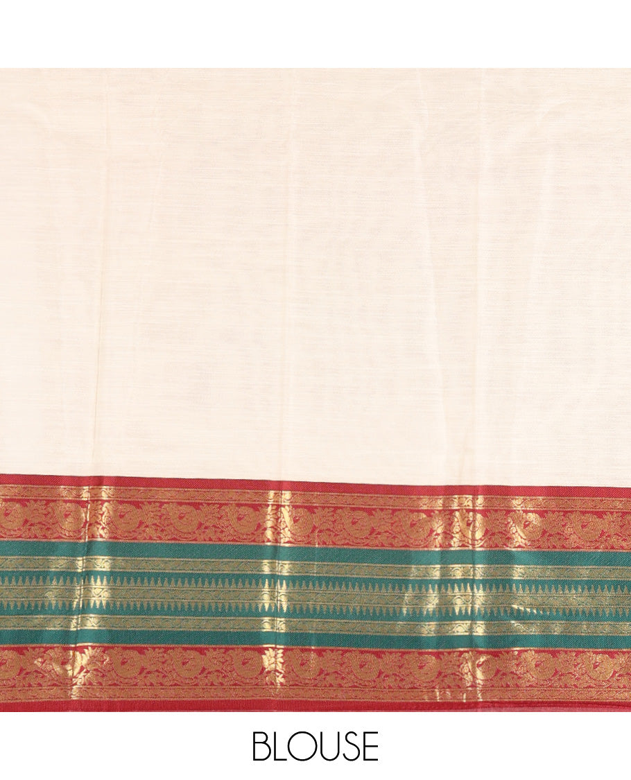 Cream-Green Semi-Silk Cotton Half-Saree