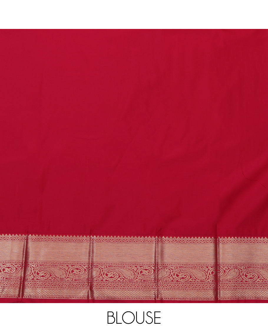 Blue Budget Silk Saree, Detailed with Zari Buttas and Stripes All Over Its Body, Complemented by a Contrast Traditional Zari Design Border of Paisleys, Grand Pallu of Floral Designs, and Paired with a Contrast Blouse