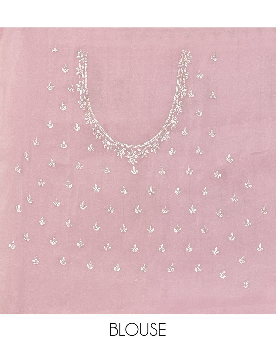Lavender Swarovski and Meena Stonework Organza Designer Saree with Scallop Border, Matching Blouse