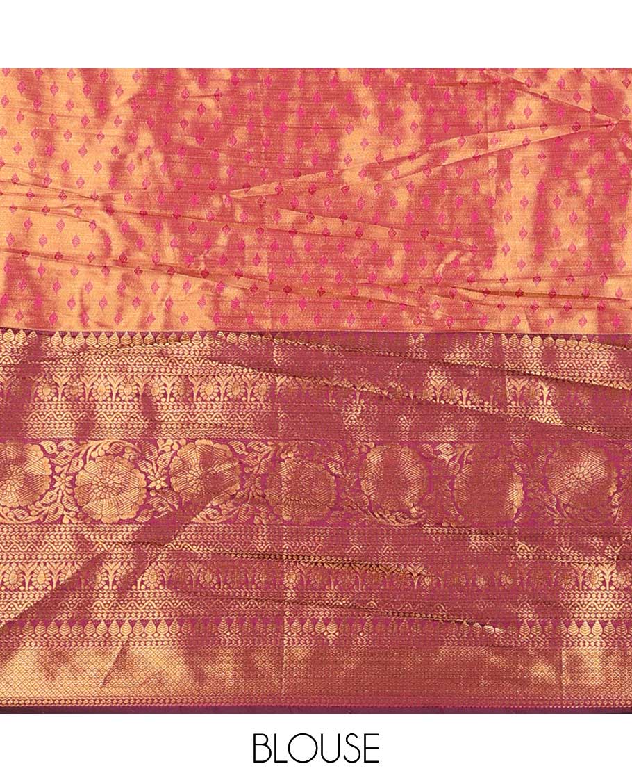 Light pink geometric design banaras half saree with contrast zari design border, floral design blouse & floral embroidery, scallop border dhavani