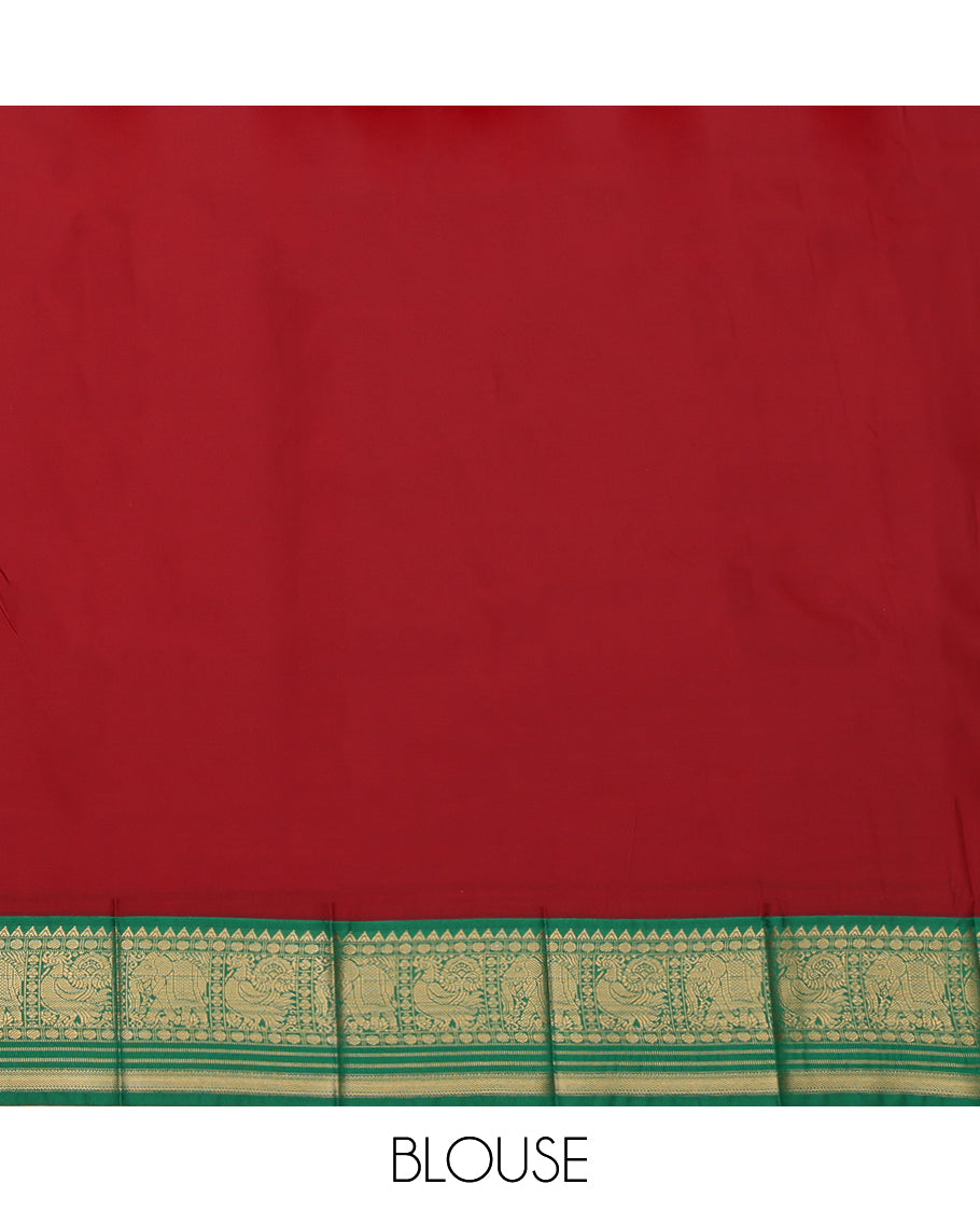 Sandal Budget Silk Saree, Accentuated with Zari Buttas, a Contrast Traditional Zari Ganga-Jamuna Border, Grand Pallu, and a Contrast Blouse