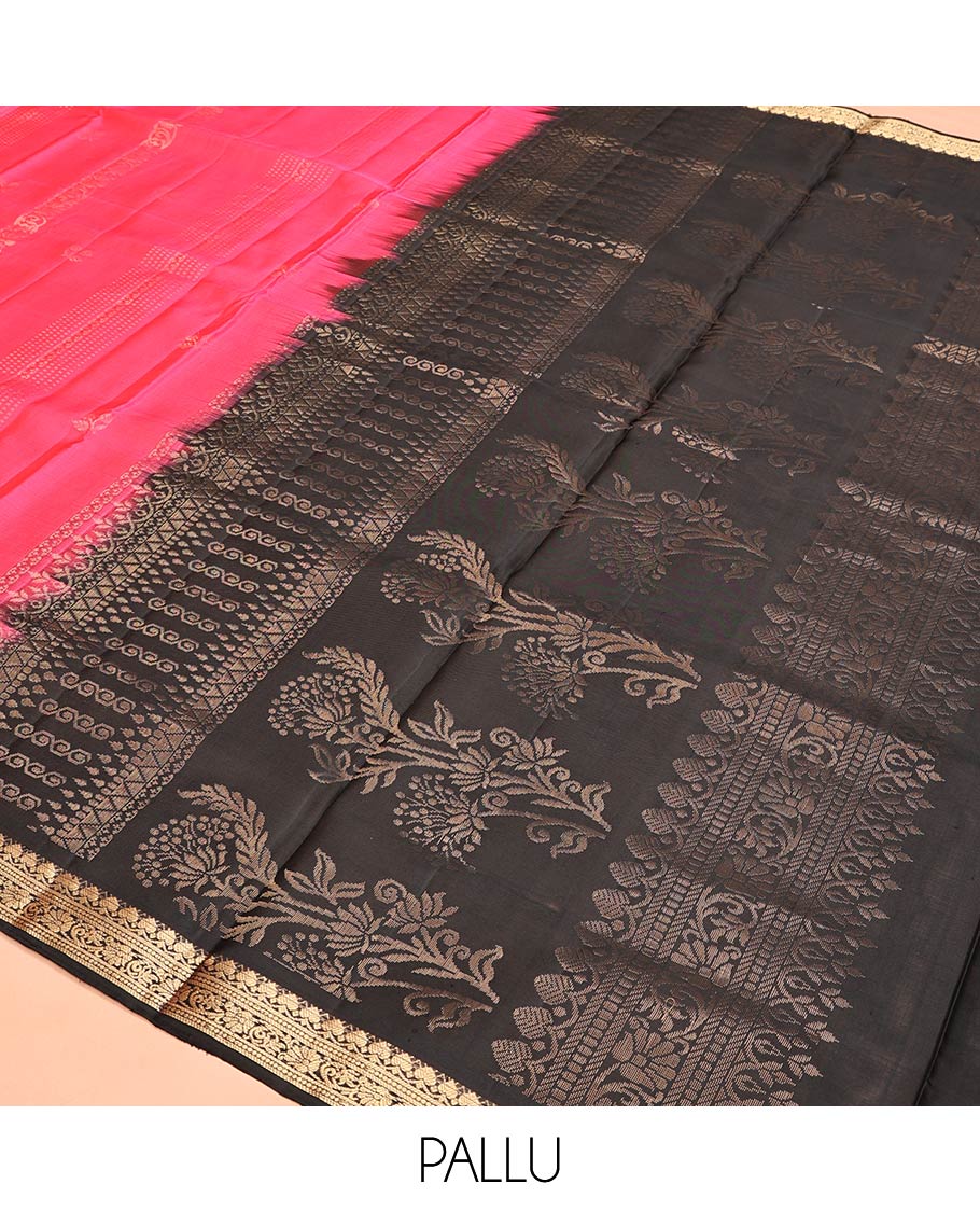 Pink Mayuri Soft Silk Saree, Entralled with Zari Buttas and Floral Creeper Designs On Its Body, Highlighted by Traditional Zari Designs Woven Border, Contrast Grand Pallu and Paired with a Contrast Blouse