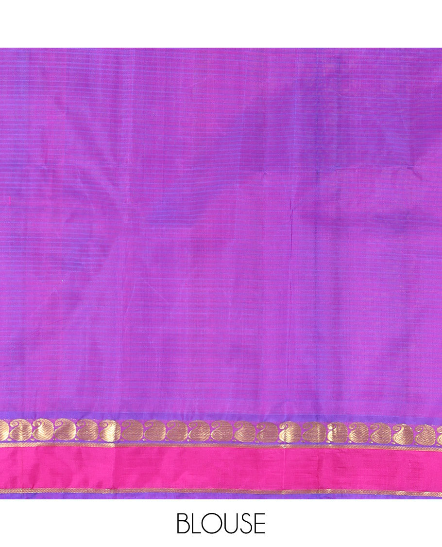 Pink Kanchipuram Silk Saree, Sparsely Woven with Vazhaipoo Stripes and Zari Buttas on Its Body, Complemented by Contrast Rettai Pettu Border of Kathir, and Vanki Manga Designs, Zari-Striped Pallu, and Paired with a Contrast Blouse