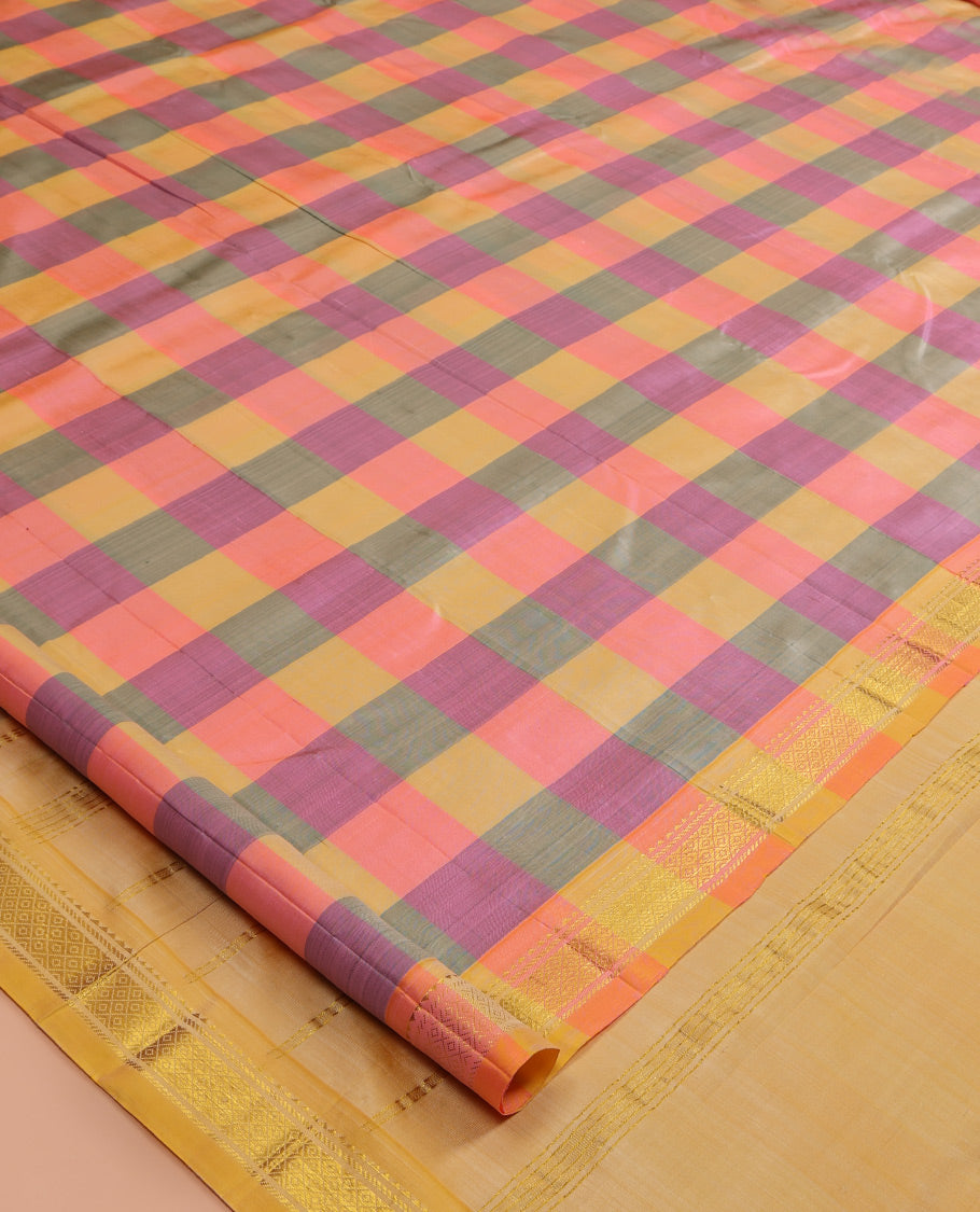 Multi-Color Checked Kanchipuram Silk Saree, a Zari One-sided Border of Rekku, Banaras, and Mayil Kann Designs, Zari Striped Pallu, and No Blouse