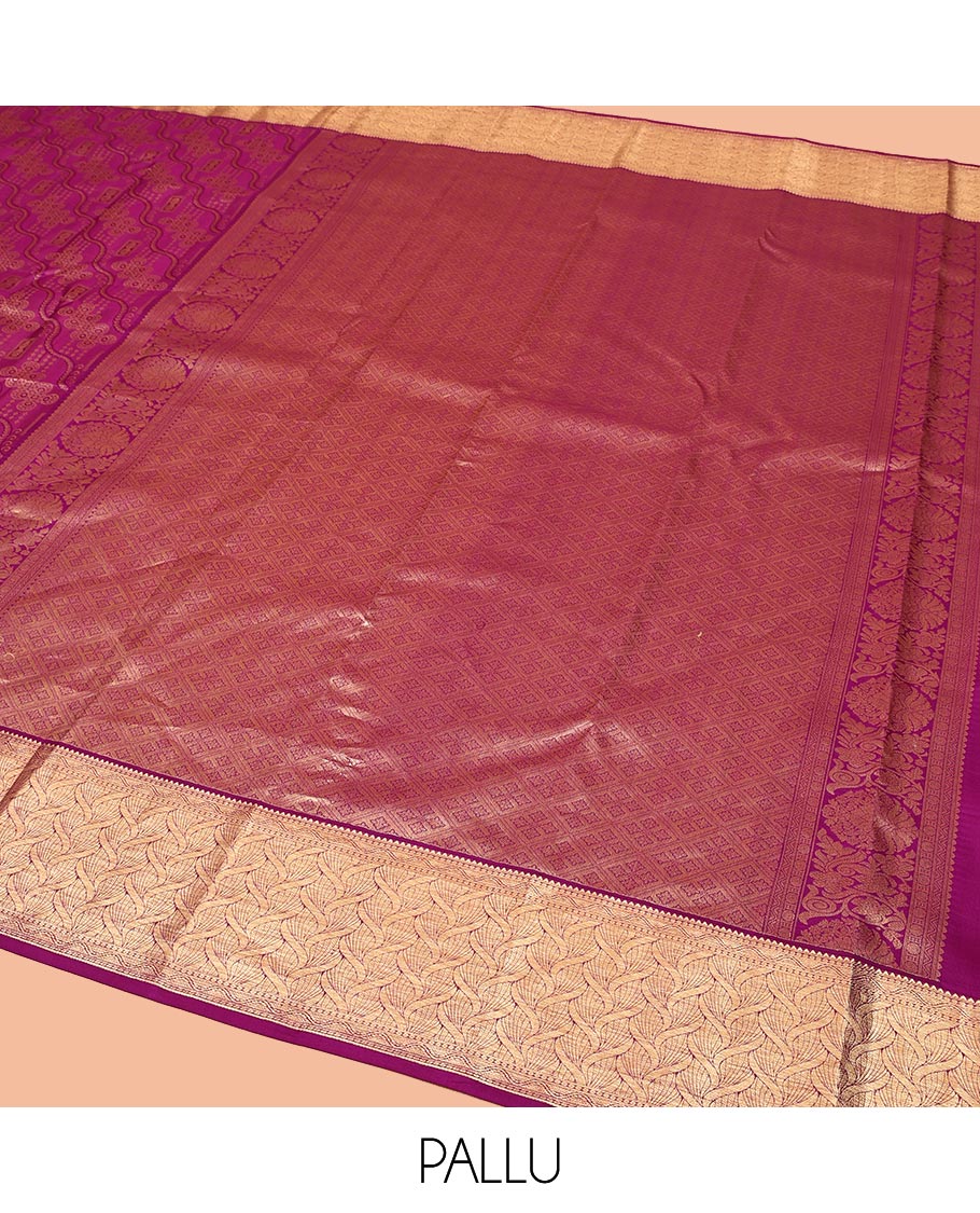 Purple Kanchipuram Wedding Silk Saree, Majestically Detailed with Jacquard Designs on Its Body, Highlighted by a Zari Border of Geometric Designs, Grand Jaal Pallu, and Paired with a Matching Blouse