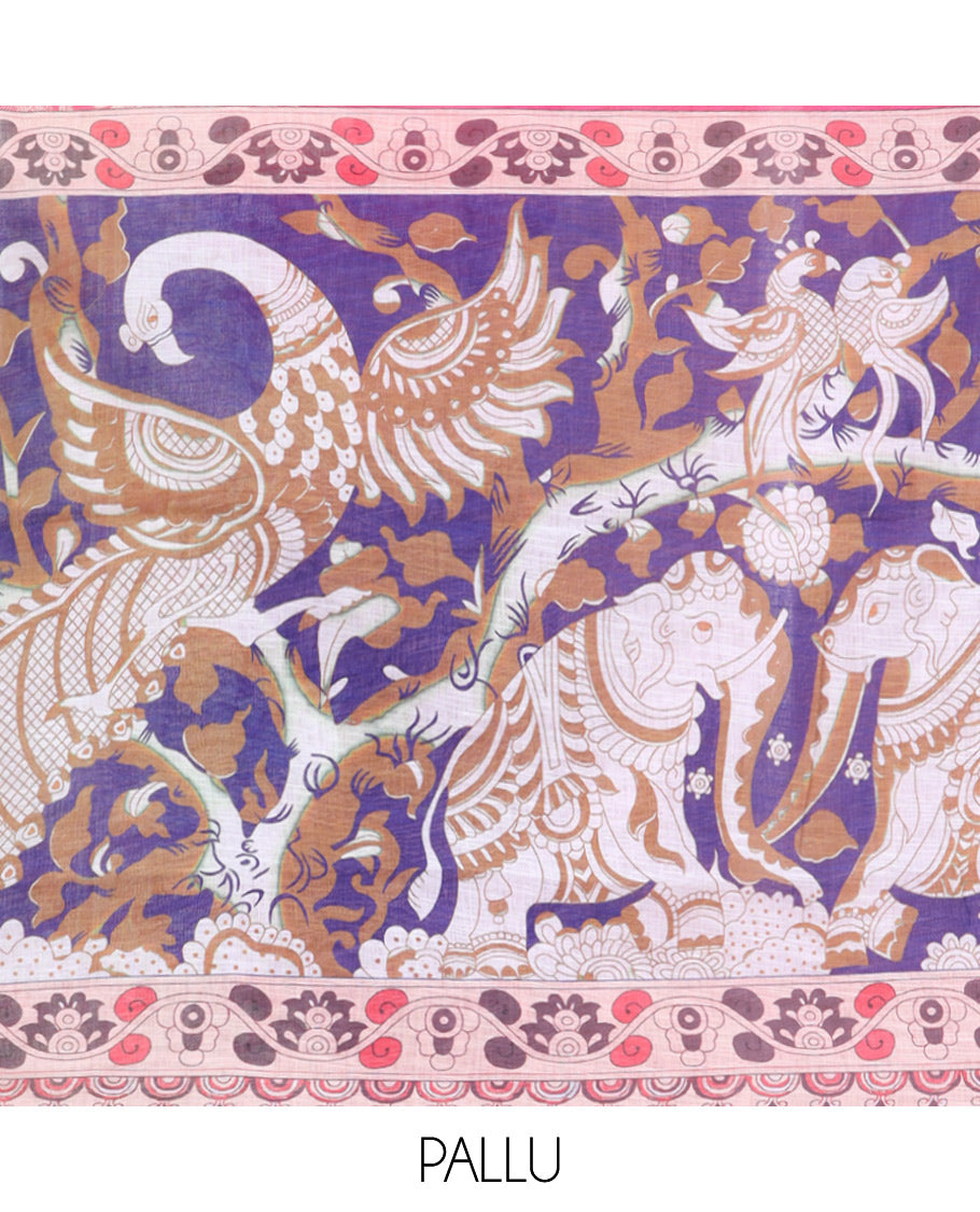 Pink Linen Cotton Saree Features Kalamkari-Style Human Motifs Print, a Piping Border, Contrast Printed Pallu, and Contrast Blouse