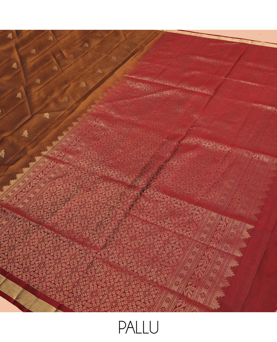 Brown Mayuri Lite Silk Mix Saree, Embellished with Bird Buttas, Highlighted by Zari Border, Contrast Intricately Designed Pallu, and a Contrast Blouse