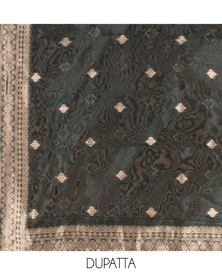 Bottle green chudidhar matrial vichitra silk neck zari border with bum bum work , santoon material pants & organza banarasi zari border, zari buttas dupatta