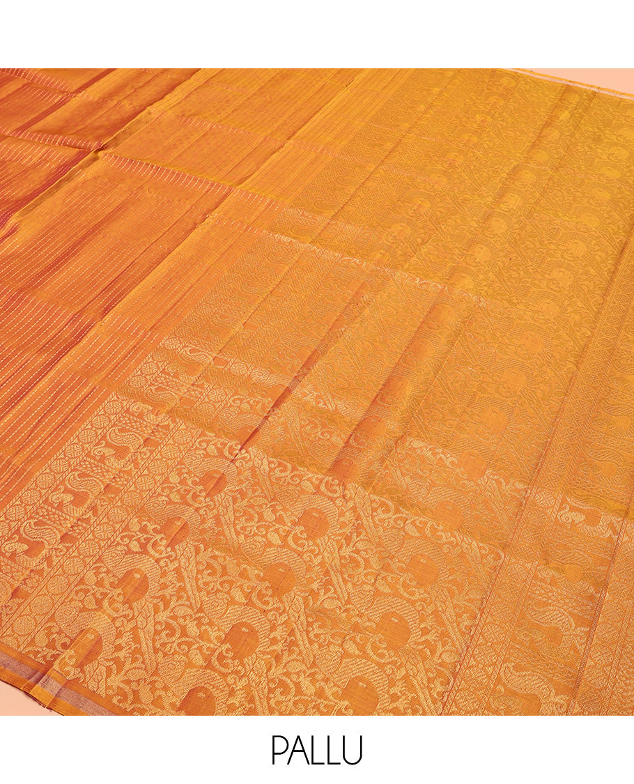 Orange Mayuri Lite Silk Mix Saree, Sparsely Sparkled with Muthu Stripes All Over Its Body, Subtle Zari Piping Border, Pallu of Parrot Designs, and Paired with a Matching Blouse