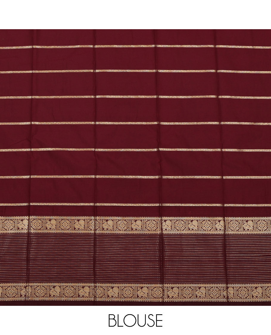 Yellow Budget Silk Saree, Sparsely Threaded with Zari Stripes, Complemented by a Contrast Traditional Zari Temple Border, Grand Pallu, and a Contrast Blouse