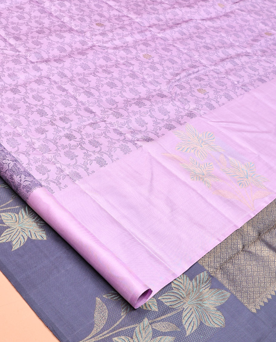 Lavender Floral Jaal Embossed Kanchipuram Silk Saree, a Floral Border, Contrast Jaal Pallu, Contrast Blouse