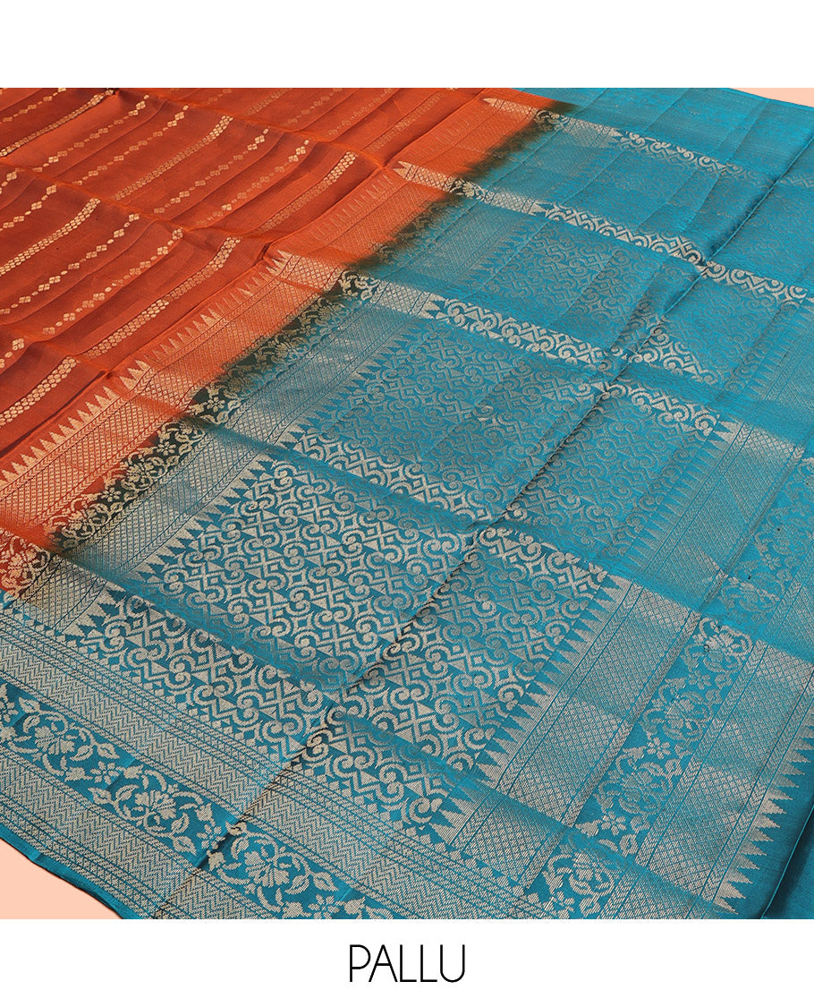 Orange Mayuri Soft Silk Saree, Woven with Zari Designs, Complemented by a Contrast Traditional Border, Pallu of Intricate Design, and Contrast Blouse