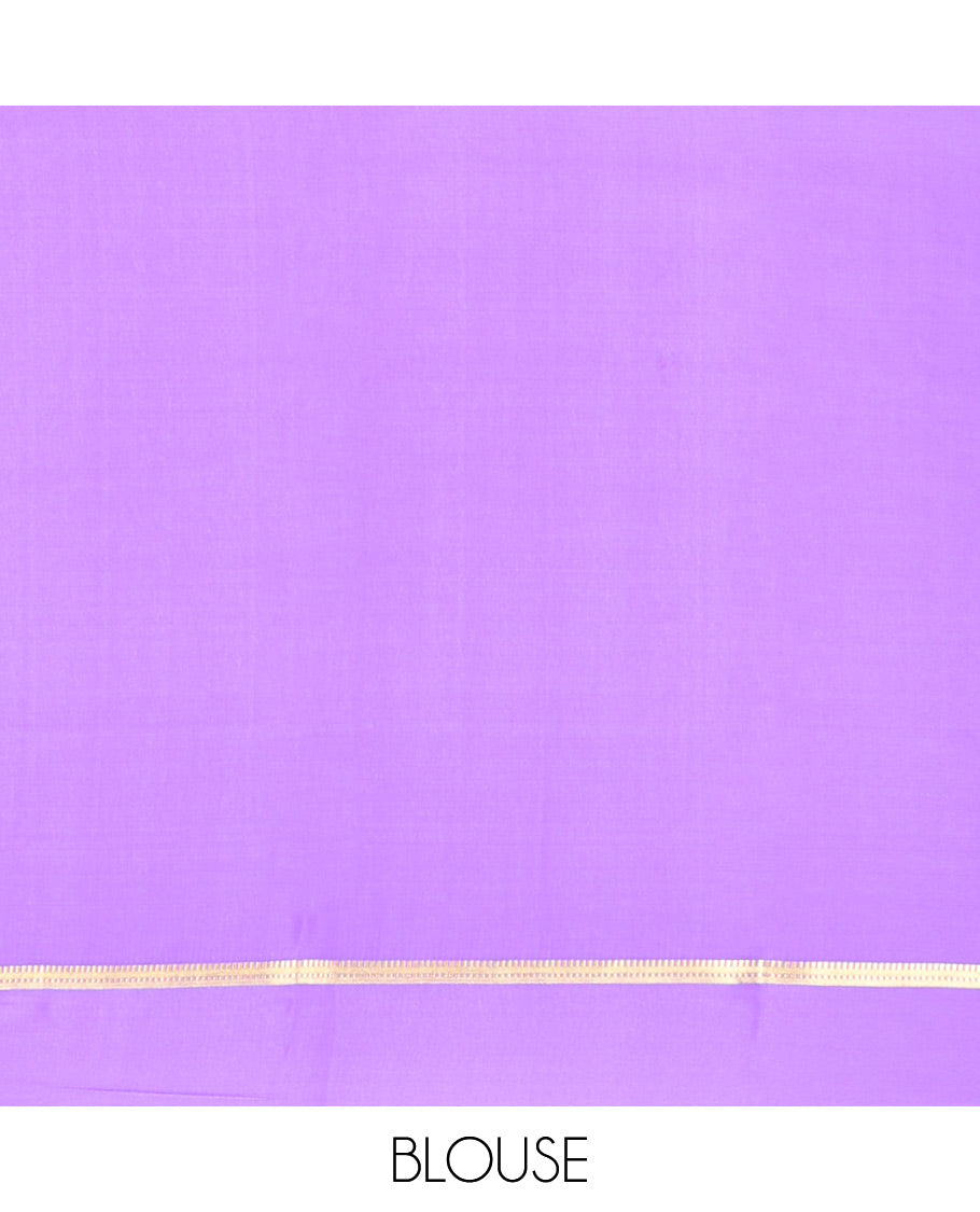 Blue Mysore Silk Saree, Gracefully Decked Up with Peacock Buttas and Stripes Across Its Body, Complemented by Contrast Border, Pallu Steeped with Traditional Zari Designs, and Paired with a Contrast Blouse