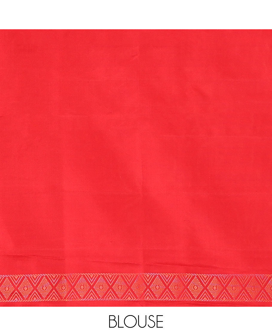 Red floral motifs mayuri soft silk saree with self zari design border & floral jaal design pallu