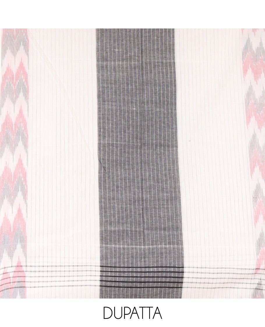 Black-Grey Handloom Cotton Material Chudidar Set, Finely Woven with Buttas Top, Contrast Striped Bottom, and an Ikat Dupatta