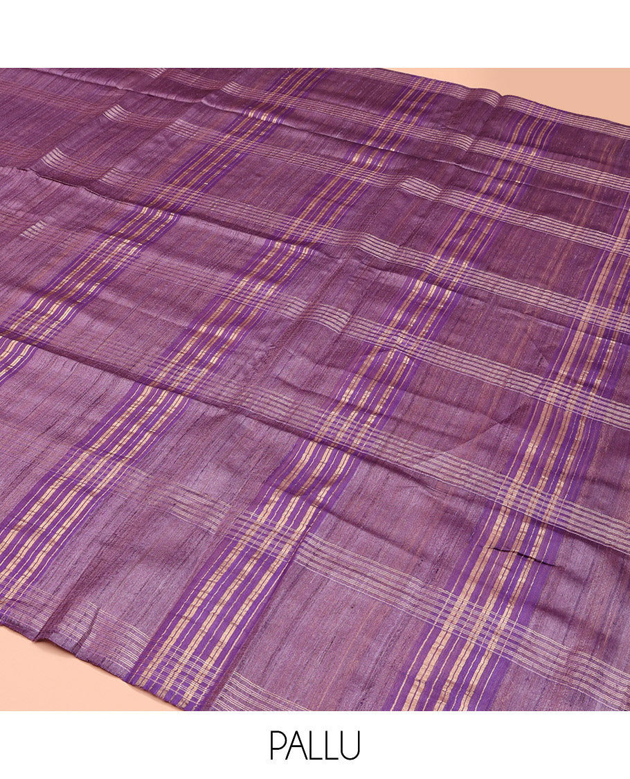 Borderless Purple Tussar Silk Saree, Delicately Woven with Zari Checked Design on Its Body, a Self-Pallu, and Paired with a Matching Blouse