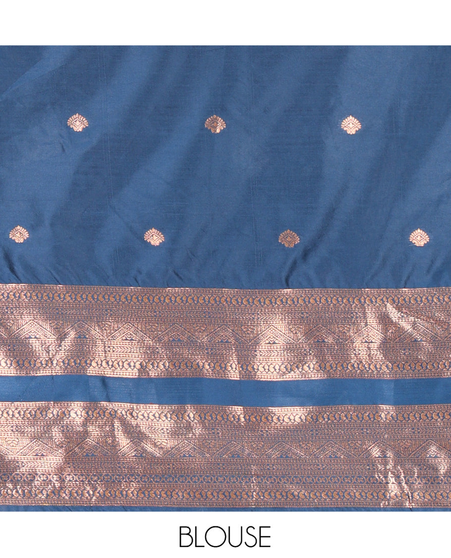 Peacock Blue Semi-Silk Half-Saree, Enriched with Zari Buttas Woven Skirt, a Rettai Pettu Traditional Border, a Matching Blouse, and Dhavani
