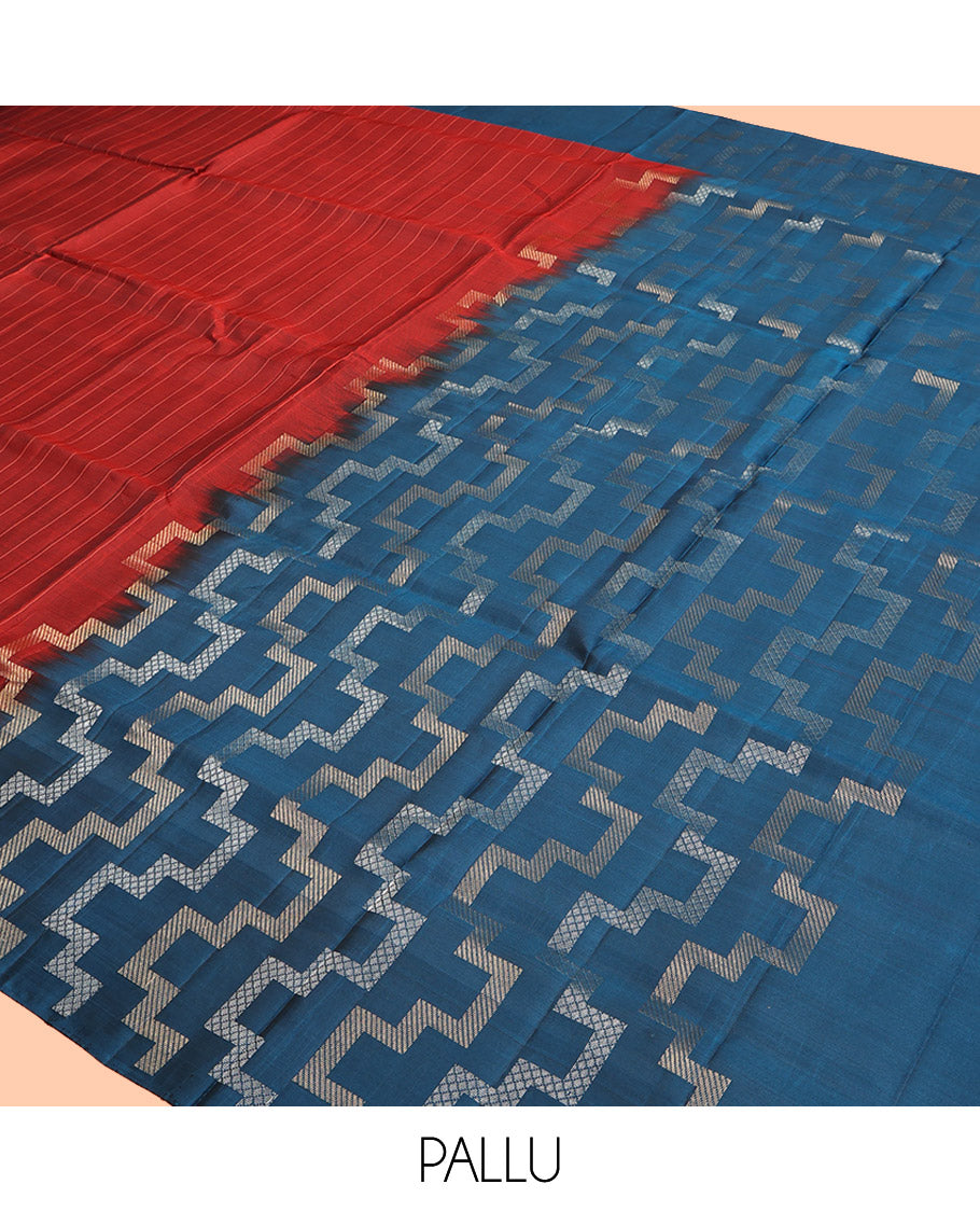 Rust Mayuri Lite Silk Mix Saree, Subtly Sparkled With Stripes, Complemented by Contrast Border, and Pallu of Geometric Patterns, and a Contrast Blouse