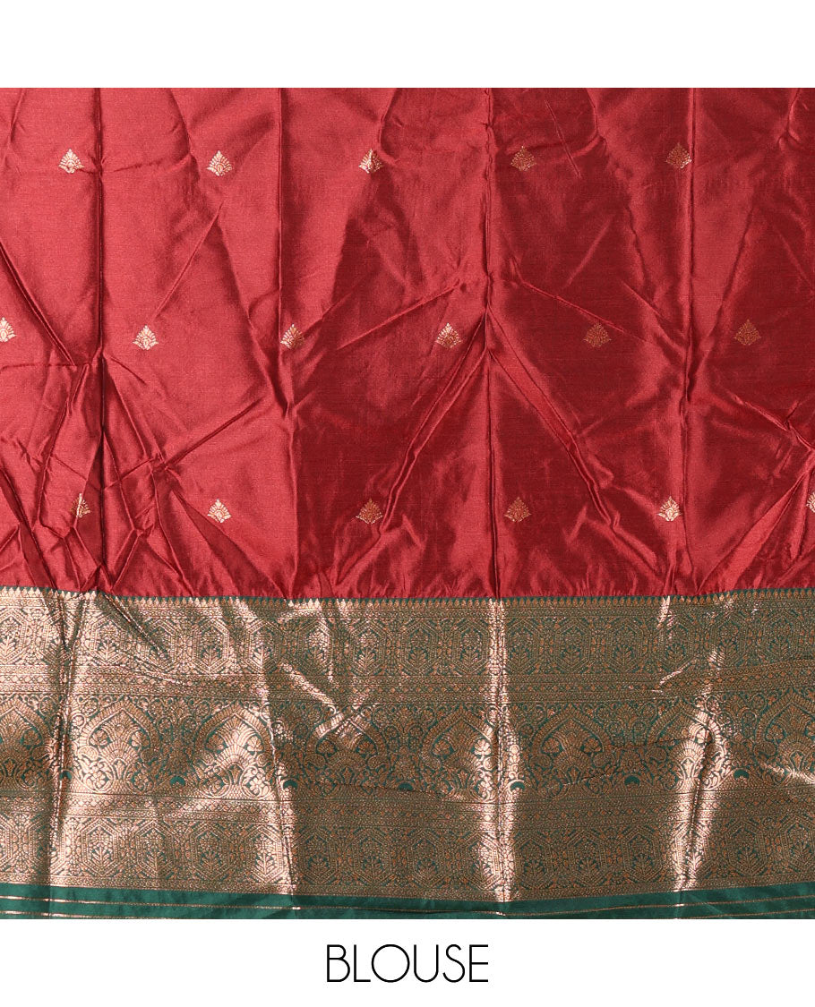 Maroon taffeta silk half-saree, zari buttas with contrast traditional zari bordered skirt, matching zari design blouse, and contrast scallop buttas embroidered dhavani