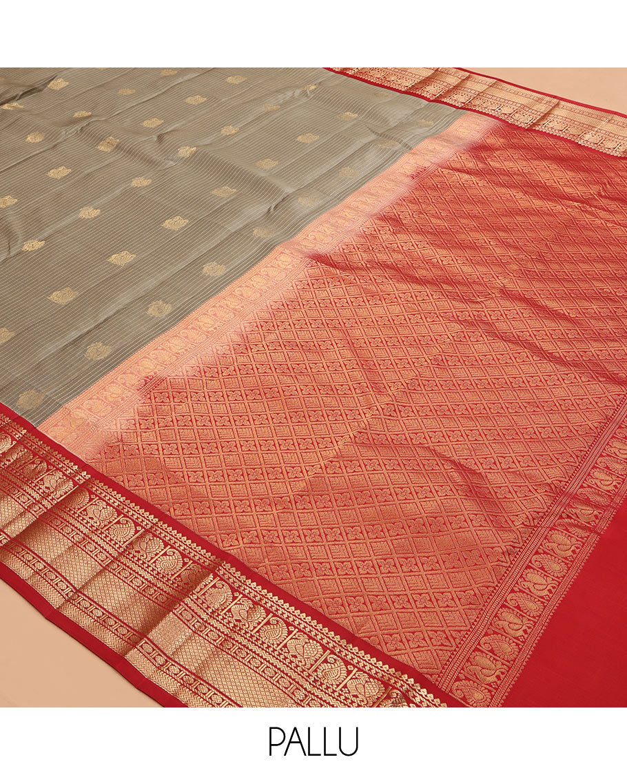 Grey Vasundhara Lite Silk Mix Saree, Woven with Mayil Buttas and Stripes, a Contrast Border of Thilakam Mokku, Manga Mayil, Poun, Mayil Kann, and Vanki, Jaal Pallu, and a Contrast Blouse