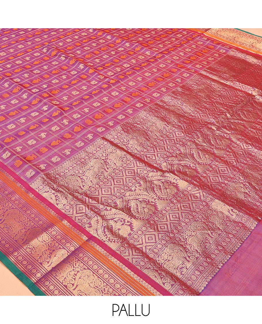 Purple Buttas-Checked Kuppadam Silk Saree, a Semi-Contrast Yazhi Border, Grand Pallu, a Matching Blouse