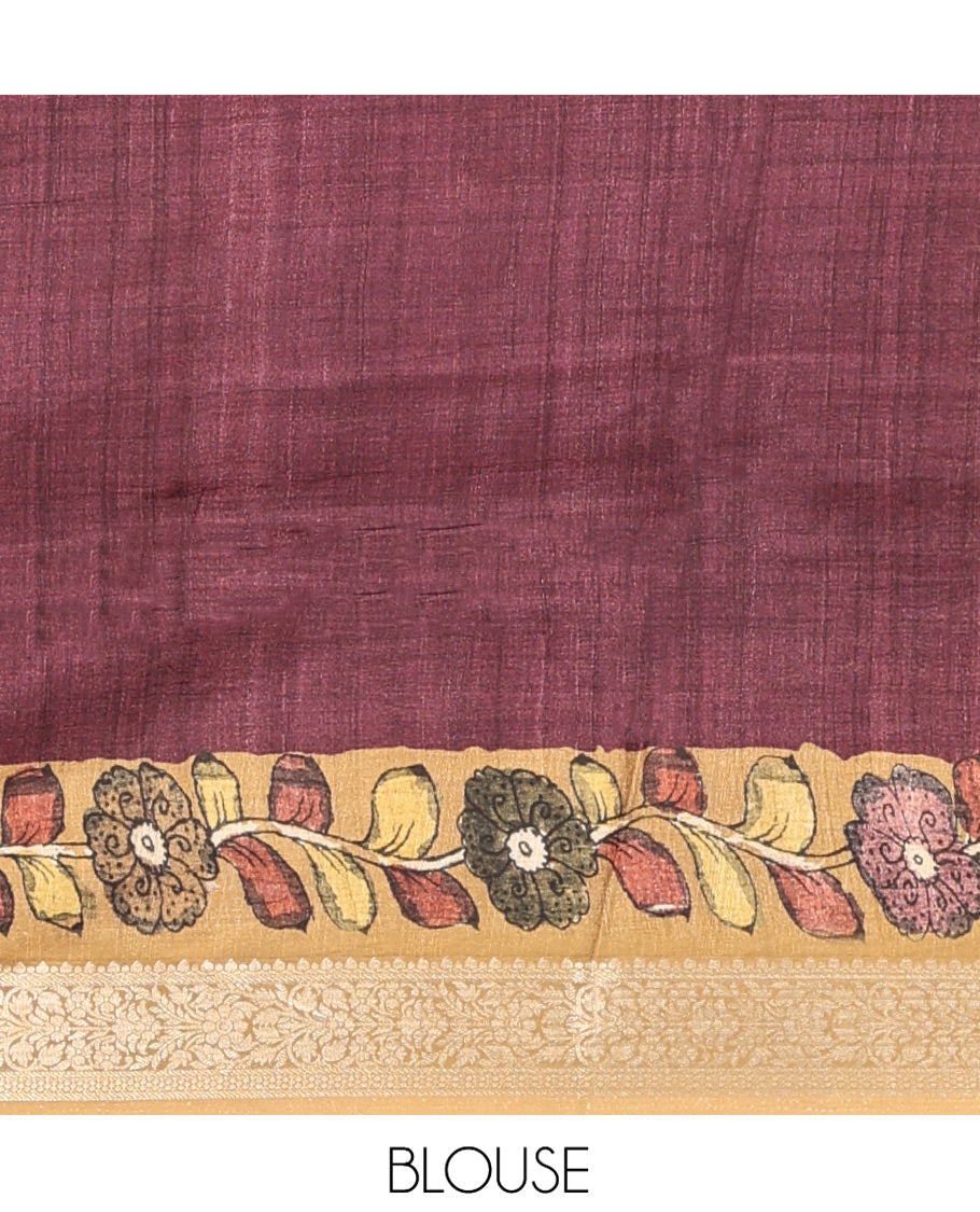Brown Kalamkari Saree, Elevated with Floral Print, Complemented by Contrast Zari Border, Pallu of Lord Krishna Motifs, and a Contrast Blouse