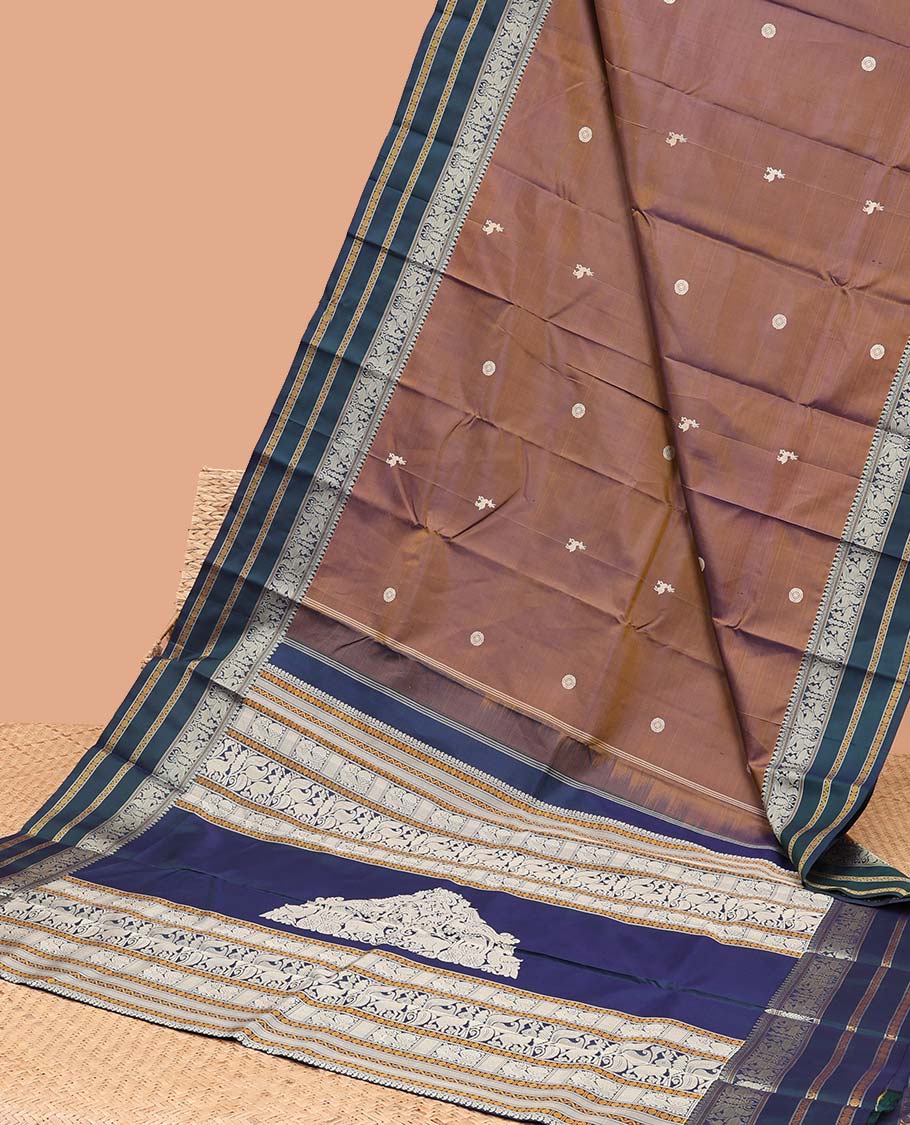 Brown floral buttas kancheepuram silk saree with contrast border of banaras, muthu, paun design & intricate zari design pallu