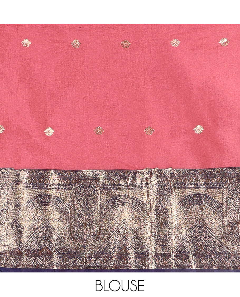 Pink and Blue Semi-Banarasi Half-Saree, Delicately Decked up with Zari Buttas on Its Skirt, Complemented by a Contrast Geometric Patterns Zari Woven Border, Paired with a Matching Blouse, and a Contrast Satin Georgette Embroidered Scallop Dhavani