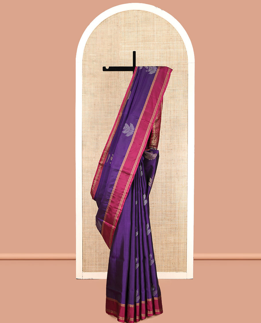 Violet Mayuri Lite Silk Mix Saree, Enriched with Leaf Buttas, Complemented by a Contrast Striped Border, Pallu of Jaal Designs, and a Contrast Blouse