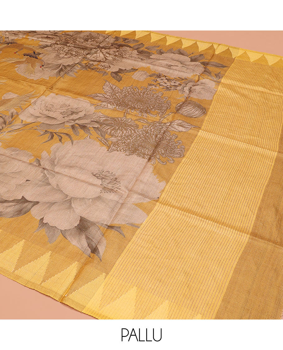 Yellow Tussar Silk Saree, Prettified with Tropical Floral Print, Temple Border, Striped Pallu, and a Matching Blouse