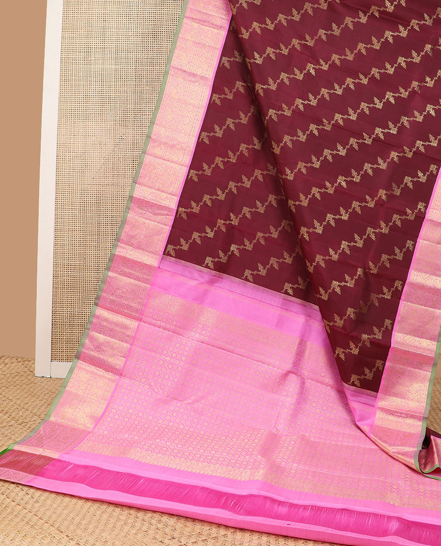 Maroon floral vine design kancheepuram silk saree with contrast korvai border of intricate zari design border & floral checked design pallu