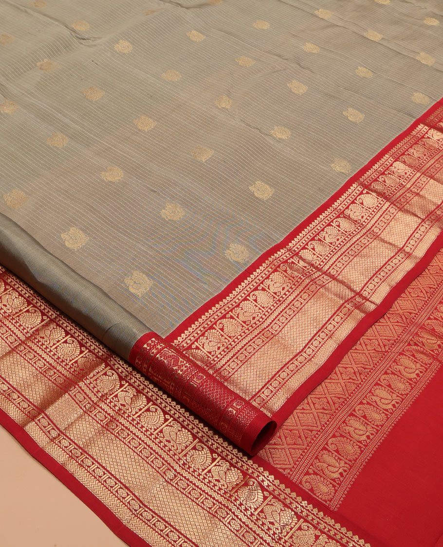 Grey Vasundhara Lite Silk Mix Saree, Woven with Mayil Buttas and Stripes, a Contrast Border of Thilakam Mokku, Manga Mayil, Poun, Mayil Kann, and Vanki, Jaal Pallu, and a Contrast Blouse