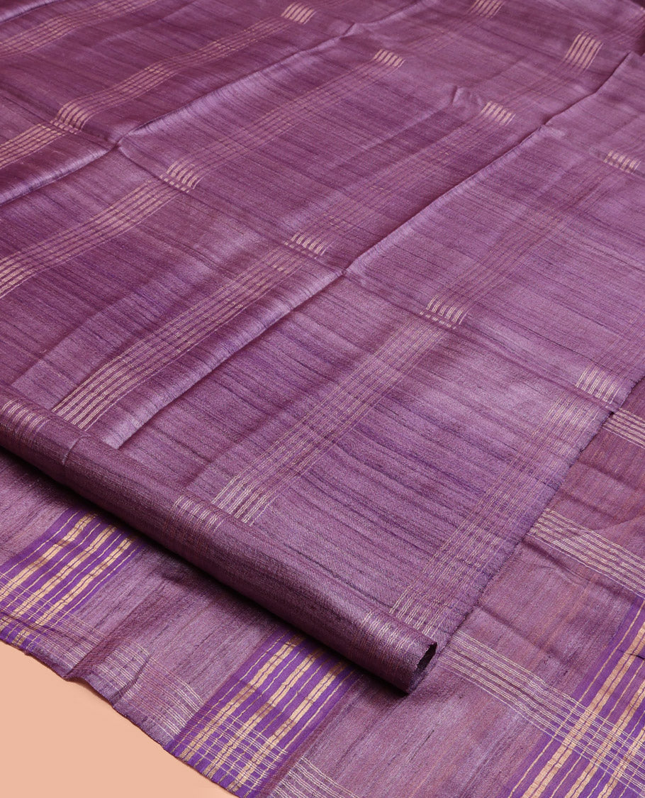 Borderless Purple Tussar Silk Saree, Delicately Woven with Zari Checked Design on Its Body, a Self-Pallu, and Paired with a Matching Blouse