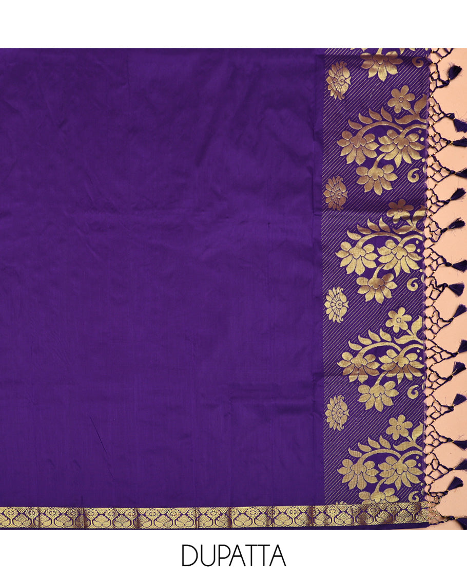 Green Art Silk Half-Saree, Richly Detailed with Jacquard Design, Contrast Intricate Motif Border, Paired with a Contrast Jacquard Blouse, and an Intricate Dhavani
