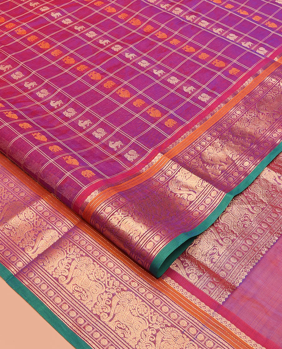 Purple Buttas-Checked Kuppadam Silk Saree, a Semi-Contrast Yazhi Border, Grand Pallu, a Matching Blouse