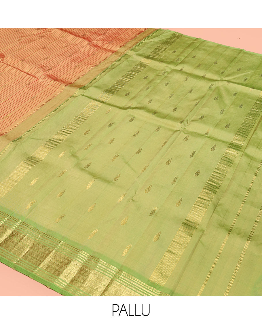 Orange Kanchipuram Silk Saree, Sparsely Threaded with Zari Buttas and Stripes, Contrast Border of Paneer Sombu, Banaras, Muthu, and Jaal, Zari Design Pallu, and No Blouse