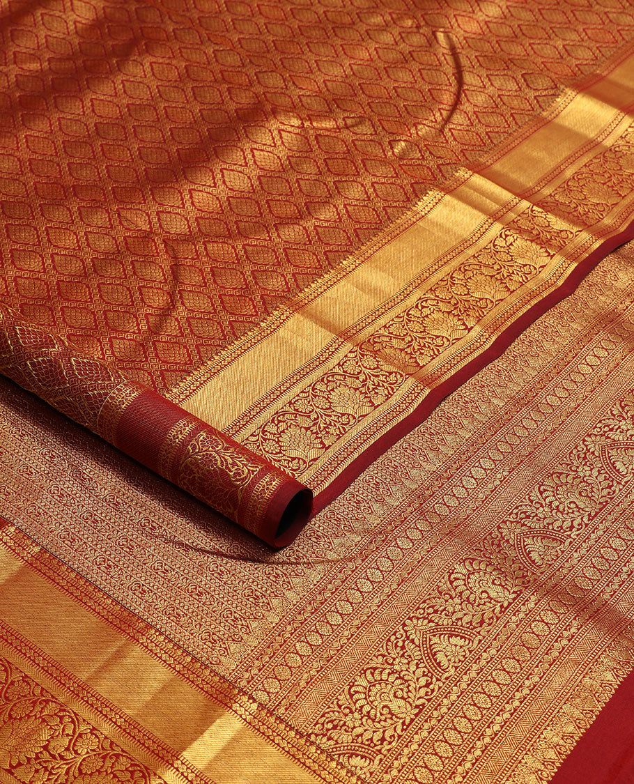 Brown ogee design kancheepuram silk saree with self border of muthu, banaras, kodi visiry design & zari design pallu