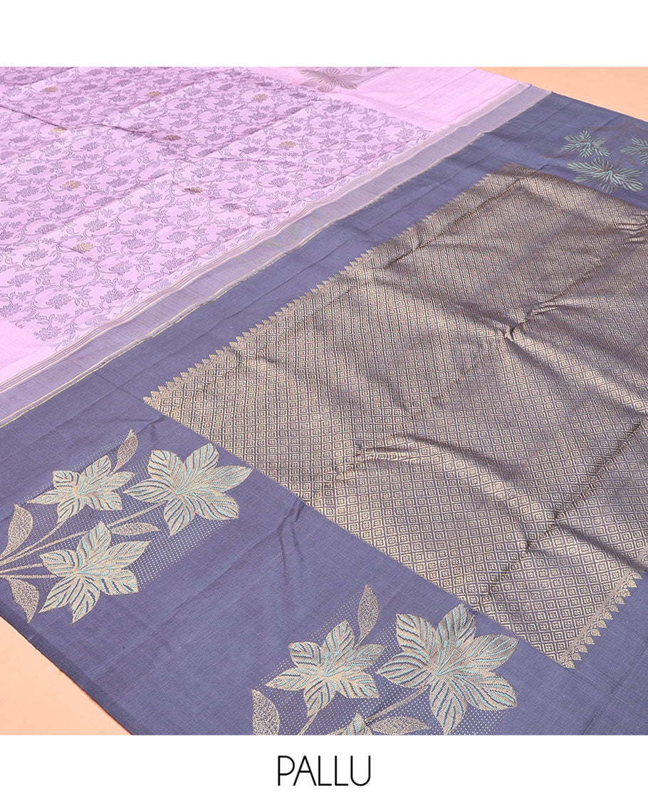 Lavender Floral Jaal Embossed Kanchipuram Silk Saree, a Floral Border, Contrast Jaal Pallu, Contrast Blouse