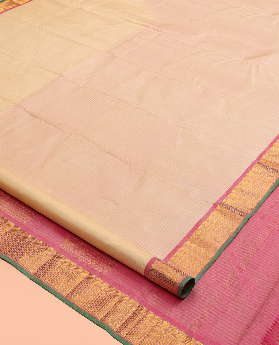 Sandal Vazhaipoo Striped Kanchipuram Silk Saree, Woven with Buttas, Complemented by a Contrast Border of Manga and Ara Maadam, Pallu of Ara Maadam Design, and Contrast Blouse
