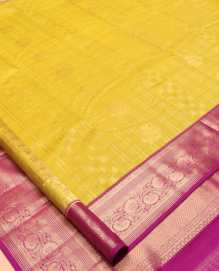 Yellow Vasundhara Lite Silk Mix Saree, Subtly Sparkled with Butta Enclosed Checks, a Contrast Border of Rekku and Kodi Visiry Designs, Jaal Pallu, and a Contrast Blouse